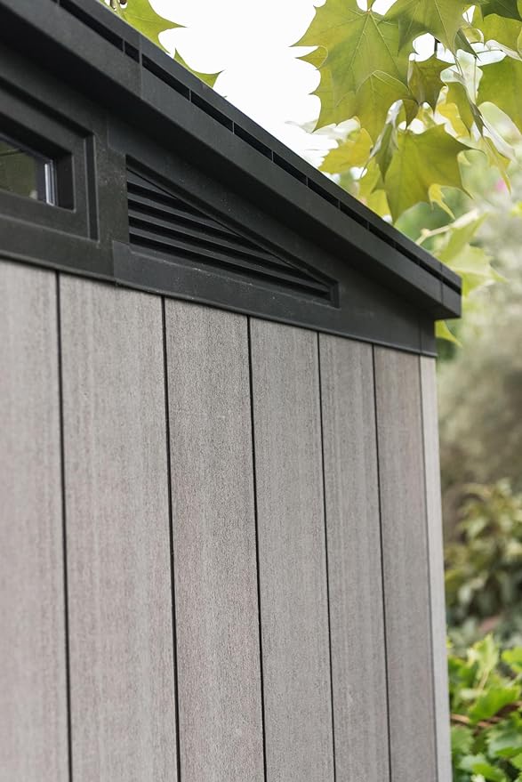 Keter Artisan Outdoor Pent Double Door Garden Storage Shed 11 x 7ft Grey Duotech+ Wood Look and Feel Fade Free All Weather Resistant Safe and Secure Zero Maintenance
