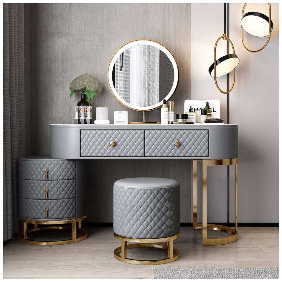【Furniture】Dresser Table Vanity Makeup Table Set Makeup with 5 Drawers Dressing Table with Lighted Mirror
