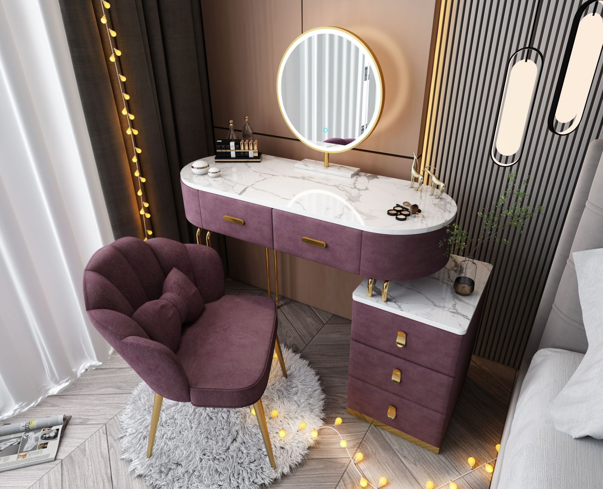 【Furniture】【BS】Nordic Dressing Table with Mirror, Stool & 3 Light Effect LED Mirrors, Golden Iron Dresser