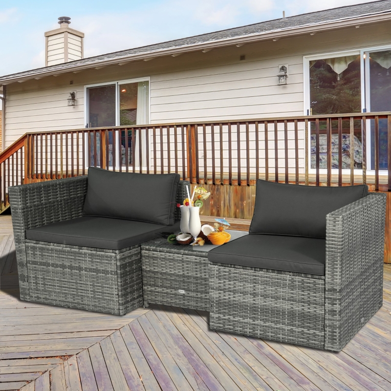 【Furniture】【BS】3 Pieces Patio PE Rattan Bistro Set Cushioned Armchair Sofa and Coffee Table Outdoor Furniture