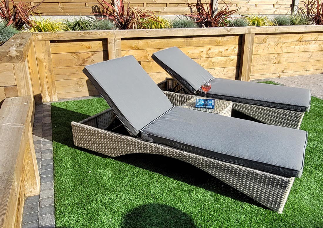 RATTAN SUN LOUNGERS WITH DRINKS TABLE - GREY - MEGHAN RANGE