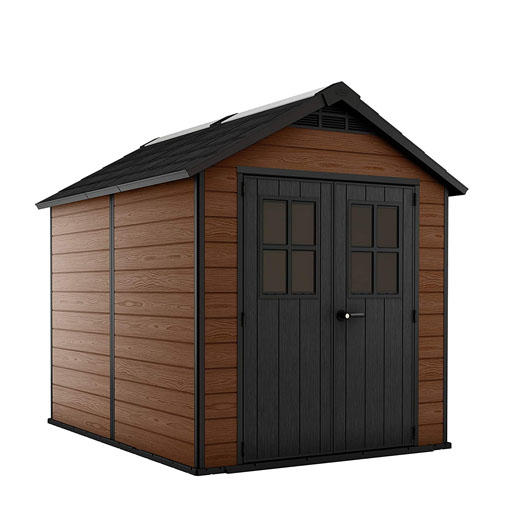 Keter Newton Outdoor Plastic Garden Storage Shed, Brown, 7.5 x 7 feet