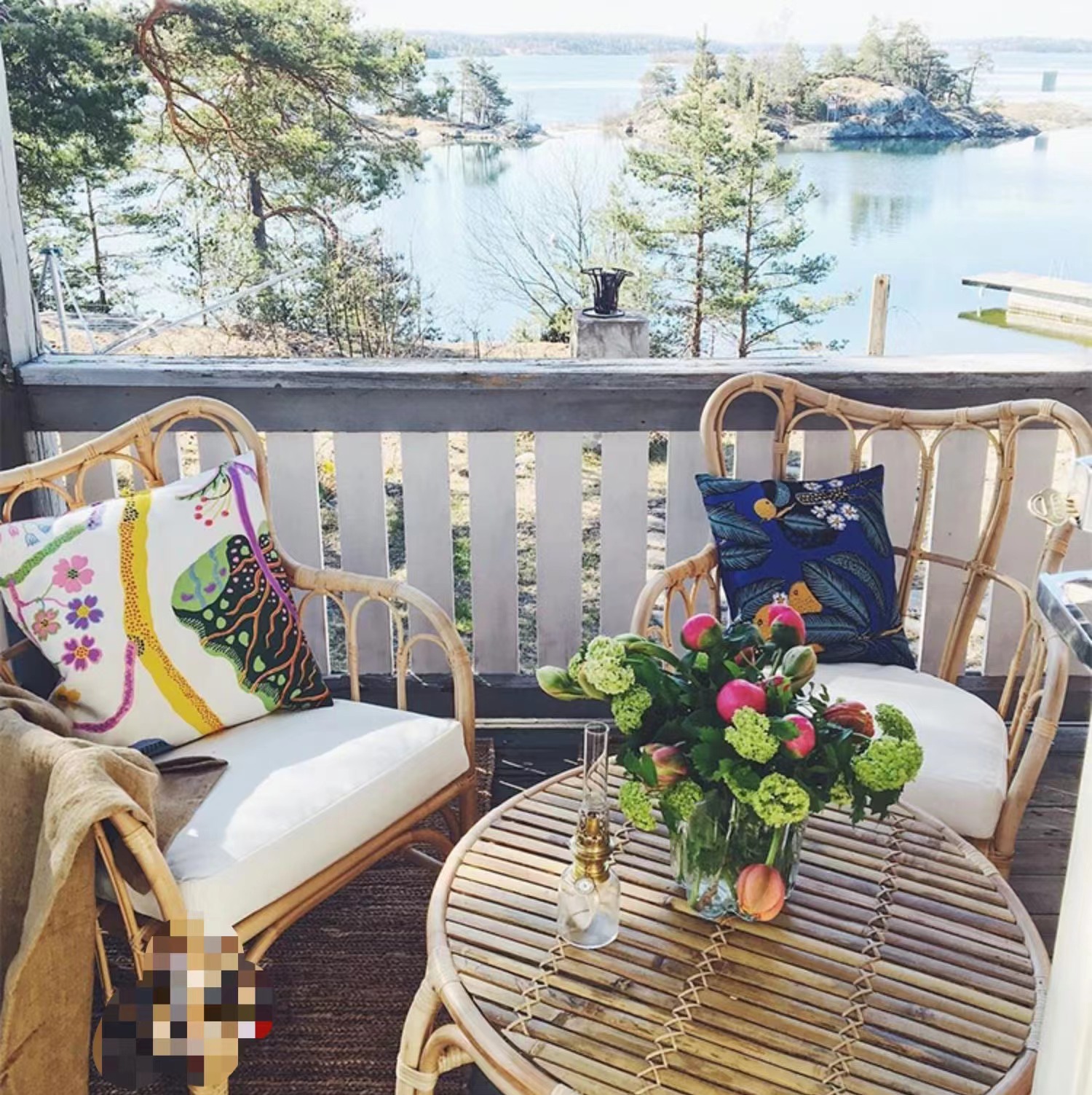 Rattan furniture bamboo sofa chair three-person small apartment outdoor balcony living room combination system IKEA home B&B table and chairs