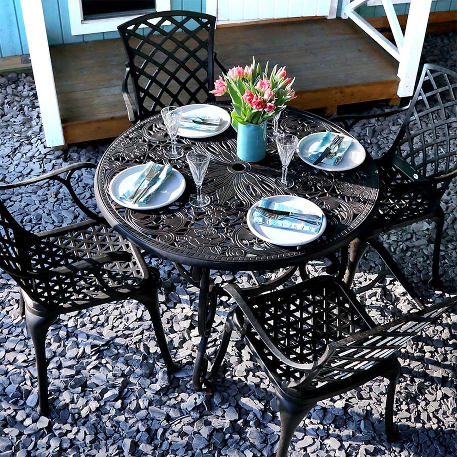 Lazy Susan - Flora Round 4 Seater Cast Aluminium Garden Set - Antique Bronze (Rose chairs)